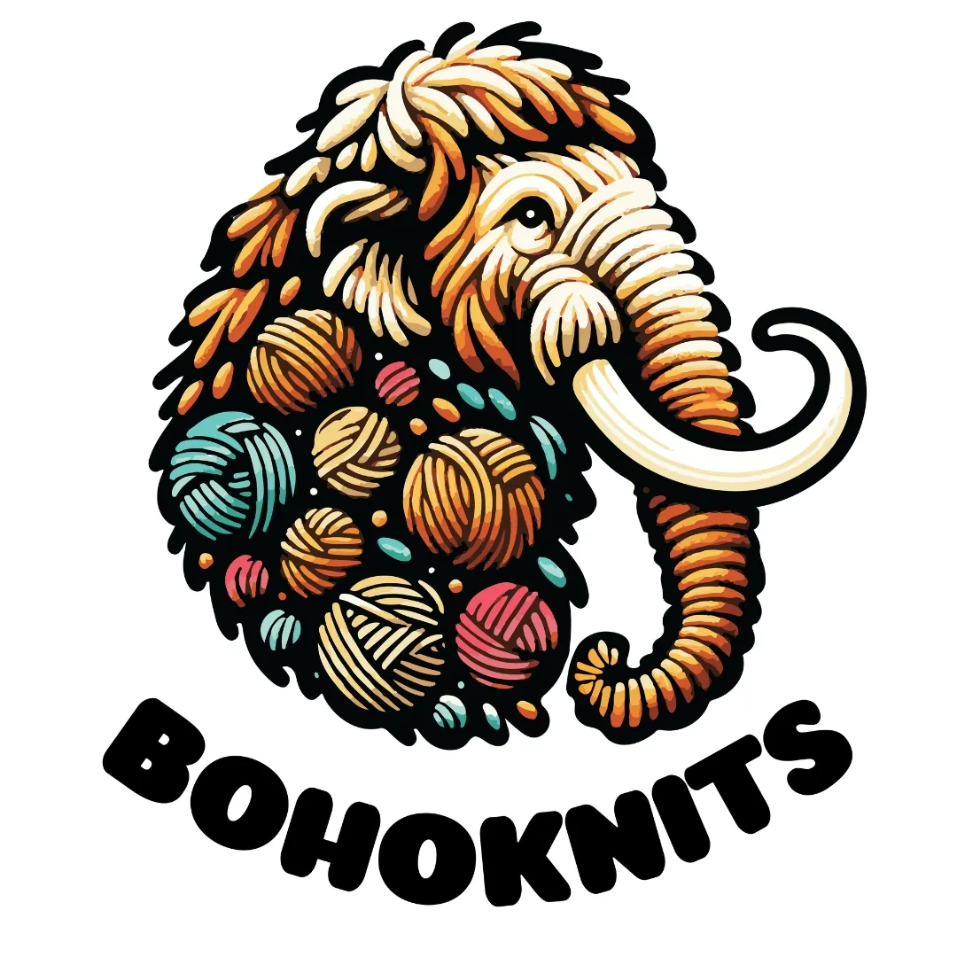 Bohoknits handmade fiber arts brand identity and woolly mammoth logo