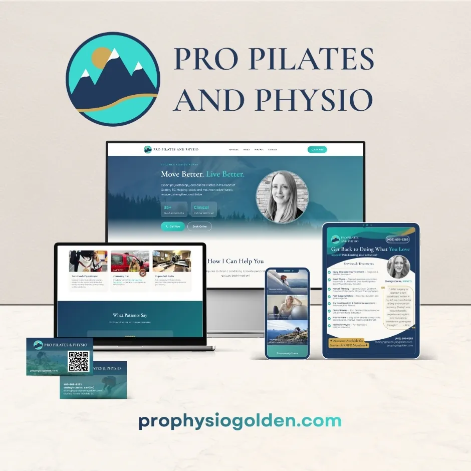 Pro Pilates and Physio Golden logo, social kit, business cards, poster